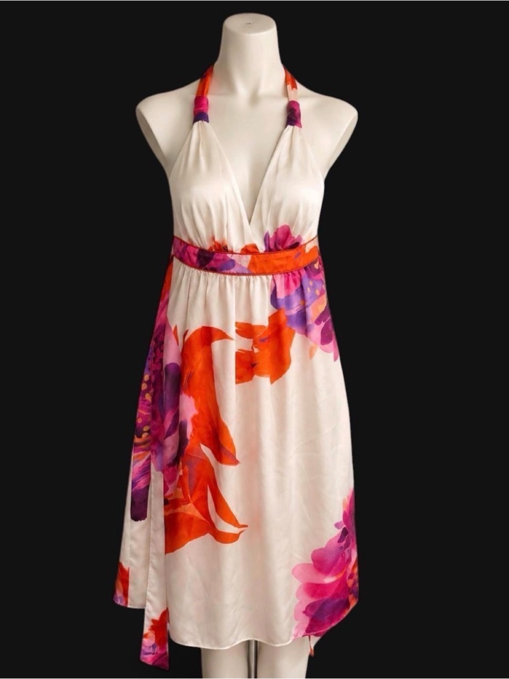 Bisou Bisou White Halter Midi Dress with Orange & Pink Floral Print